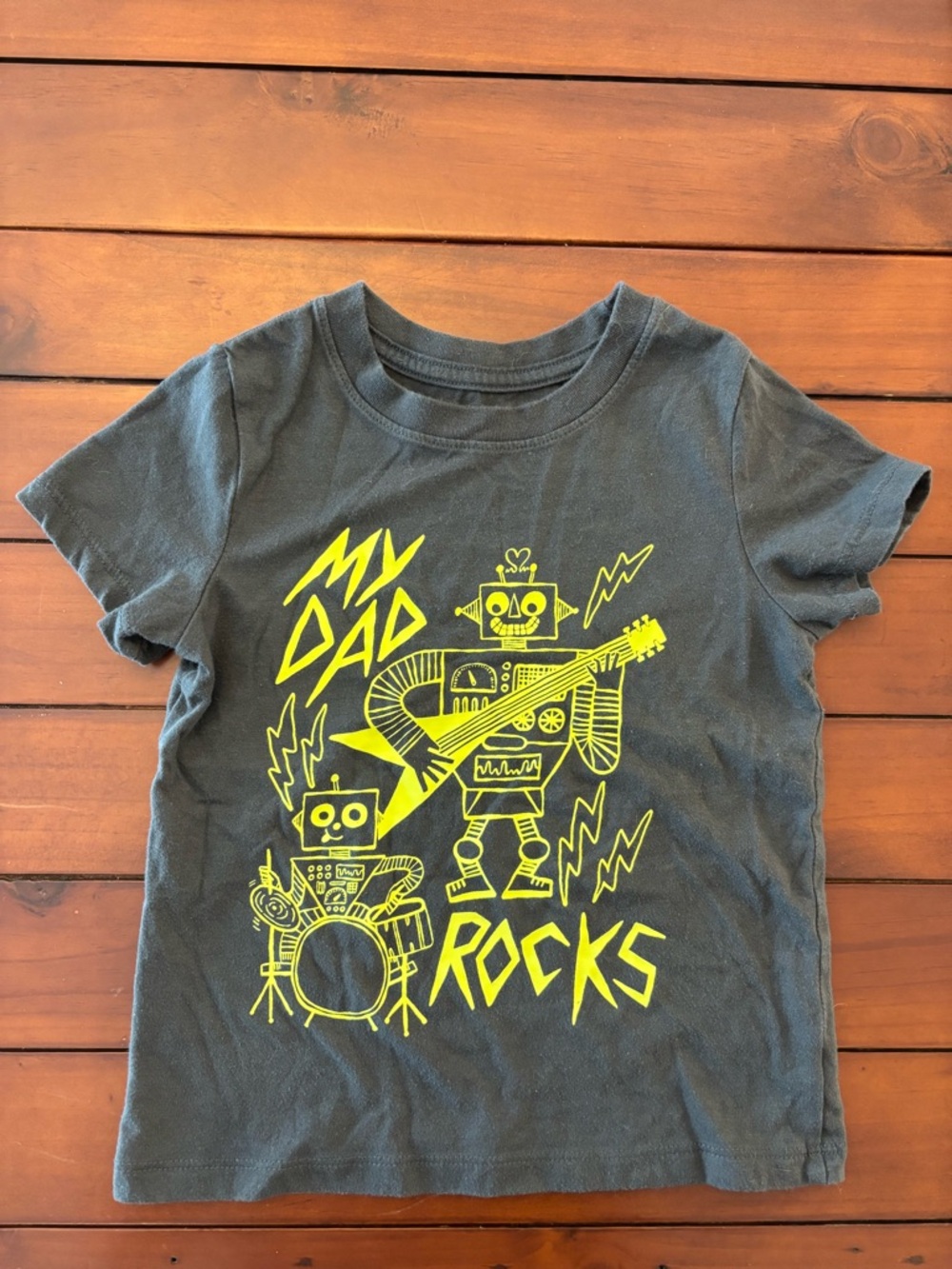 Cat & Jack Black Tee with Neon Yellow Robot "My Dad Rocks" Graphic
